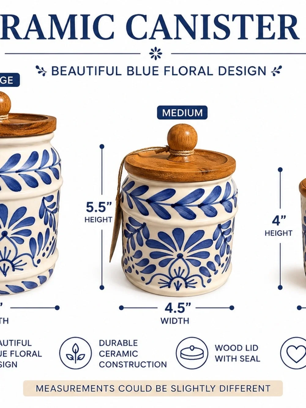 Blue Floral Ceramic Canister set with Wood Lid - White and Blue